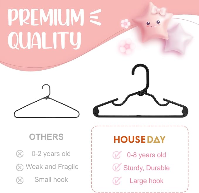 HOUSE DAY Plastic Baby Hangers for Closet 60 Pack, Durable Plastic Kids Hangers for Baby Clothes, Thin & Compact Childrens Hangers, Space Saving Black Baby Hanger, Small Hanger for Kids Clothes - Image 7