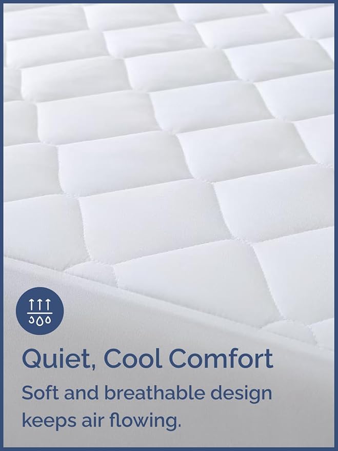 Quilted Fitted Mattress Pad Protector Queen Size - Elastic Fitted Mattress Topper & Cover - Breathable, Soft, Low Profile Top Cover with 8-16 Inch Deep Pockets - Easy-Fit & Machine Washable - White