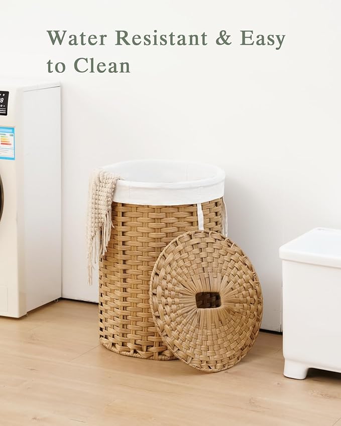 SETVSON Laundry Hamper with Lid 23.8 Gal (90 L) Round Laundry Basket with Lid Handwoven Clothes Hamper Removable Bag 2 Mesh Bags Rattan Woven Basket Handles for Bathroom Living Room Natural - Image 3