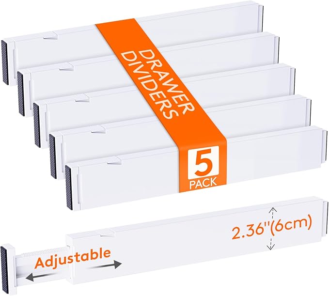 Lifewit 5 Pack 2.36" High Drawer Dividers 40-56cm/16-22 Adjustable Drawer Organizer for Clothes/Utensils, Expandable Drawer Separator in Dresser/Kitchen/Bedroom/Office Organization & Storage White by Lifewit