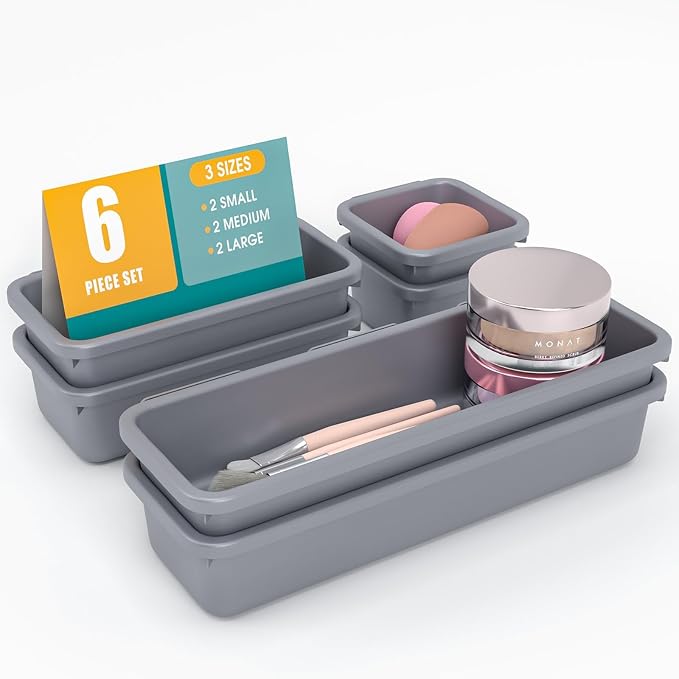 6 PCS Drawer Organizer Set, 3 Size Makeup Drawer Divider Organizer With Non-Slip Pads, Interlocking Plastic Storage Bins for Office,Jewelry Vanity,Gadgets, Bathroom,Kitchen, Grey by StoreHappily