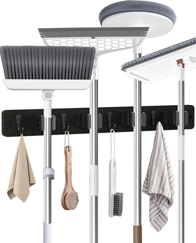 AceMining Broom Holder Wall Mounted, Black 4 Holders and 4 Hooks Mop Holder, Wooden Mop and Broom Holder with Anti slip rubber, Natural pine wood Brush Holder, Mop Wall Holde with Nail installation by AceMining