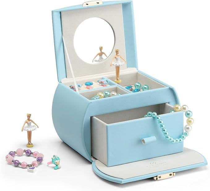 Vlando Musical Jewelry Box with Spinning Ballerina, Lockable Girls’ Jewelry Organizer for Necklaces Rings and Hair Accessories, Gift for Girls and Kids, Blue by VLANDO