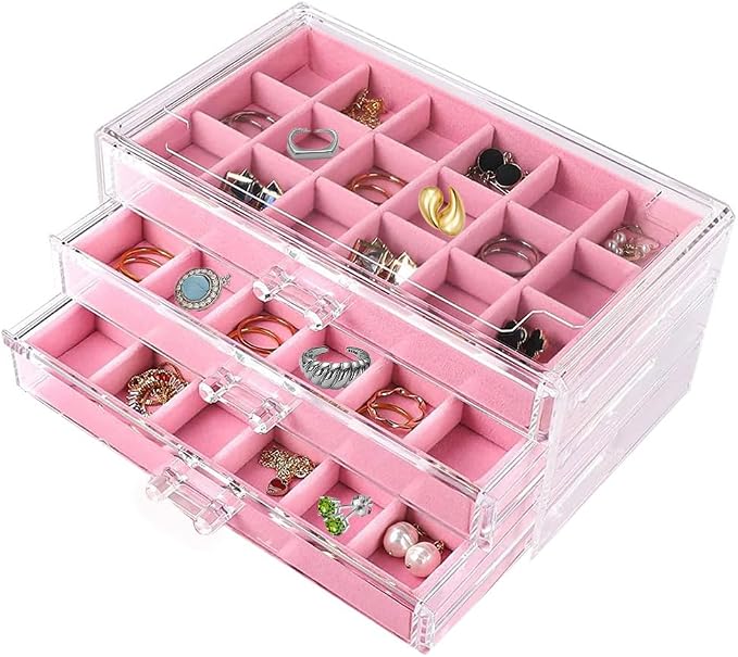 YUFONG Earring Organizer Box Acrylic Jewelry Organizer with 3 Drawers 54 Adjustable Grids Clear Stackable Earring Holder Velvet Trays Ring Display Case for Women Girls (Pink) by YUFONG