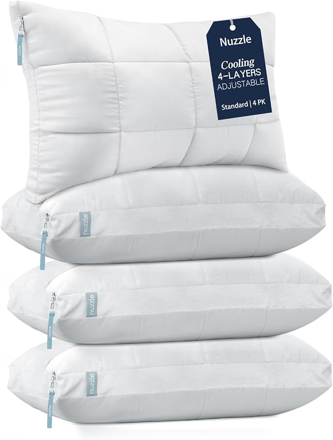 Nuzzle Pillows Standard Size Set of 4 Cooling Adjustable Pillows for Side Sleepers, Luxury Hotel Collection Bed Pillows – Best Adjust Height Soft Firm Pillows for Back, Stomach and Side Sleepers