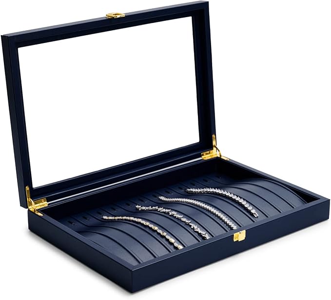 Oirlv Premium Blue Leather Necklace Bracelet Organizer Tray with Acrylic Lid Jewelry Display Case Drawer Insert Jewelry Organizer for women - Image 2