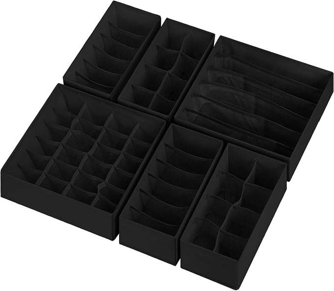 6 Pack Sock Underwear Drawer Organizer Dividers, 58 Cell Foldable Fabric Dresser Closet Organizers and Storage Bins for Clothing, Baby Clothes, Bra, Panty, Scarf, Ties (Black) - Image 8