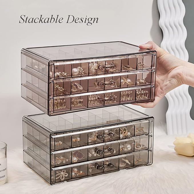 YUFONG Earring Storage Box Organizer 3 Drawers Acrylic Jewelry Storage Box Holder Transparent Jewelry Display Stand with 72 Small Compartments Gift for Women Girls (Clear Black) - Image 6