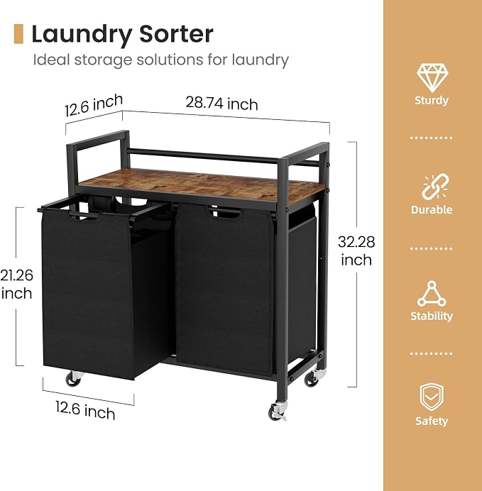 SwaaVee Laundry Hamper, Laundry Basket, Laundry Sorter with 2 Removable Bags, Clothes Basket with 2 Compartments, Wheels, Shelf for Laundry Room Bathroom Bedroom (2 Bags-Black) - Image 2