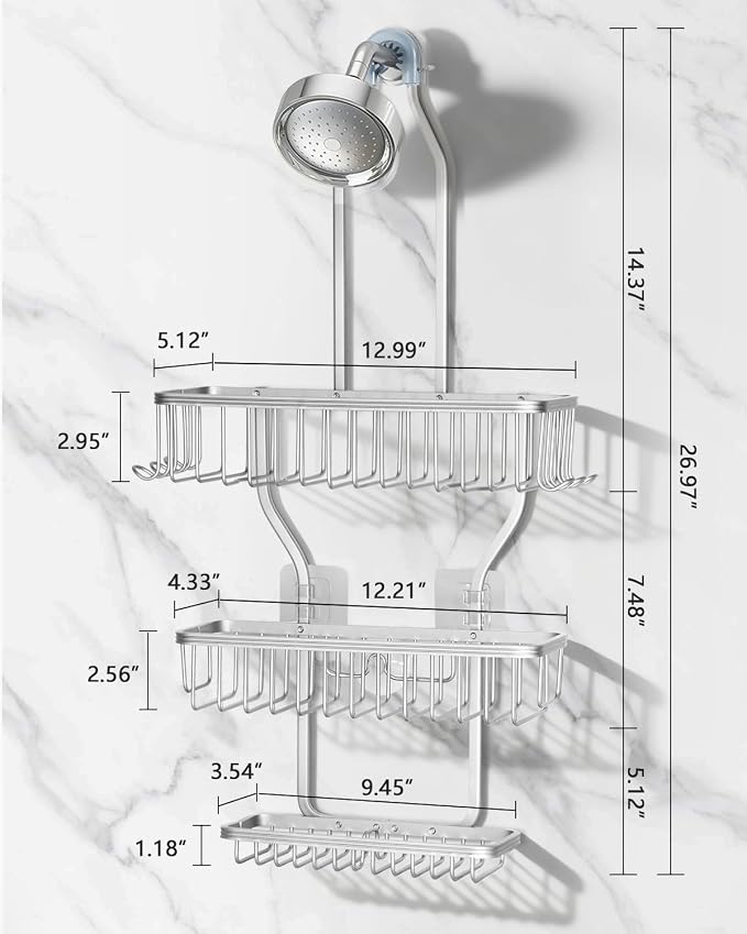 Shower Caddy Hanging - Never Rust Shower Hanging Organizer - Aluminum Over the ShowerHead Caddy with Soap Basket and 6 Hooks for Razor/Sponge (Frosted Silver) - Image 2