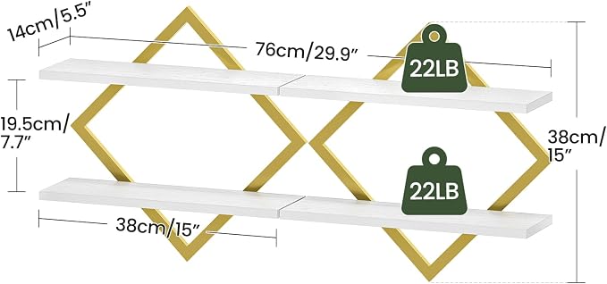 CHOEZON Floating Shelves for Wall, Set of 2 Wall Mounted Shelves, 2-Tier Hanging Shelves, for Living Room, Bedroom, Kitchen, Office, Study, Gold and White TBJ01P2JW - Image 3