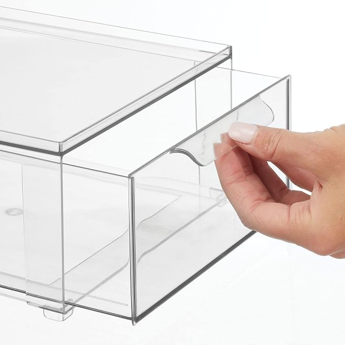 mDesign Plastic Closet Organizer Bin w/Pull Out Drawer - Shallow Stackable Storage for Closet - Organization for Shoes, Clothes, Bags, Totes, and Small Linens - Lumiere Collection - Clear - Image 4