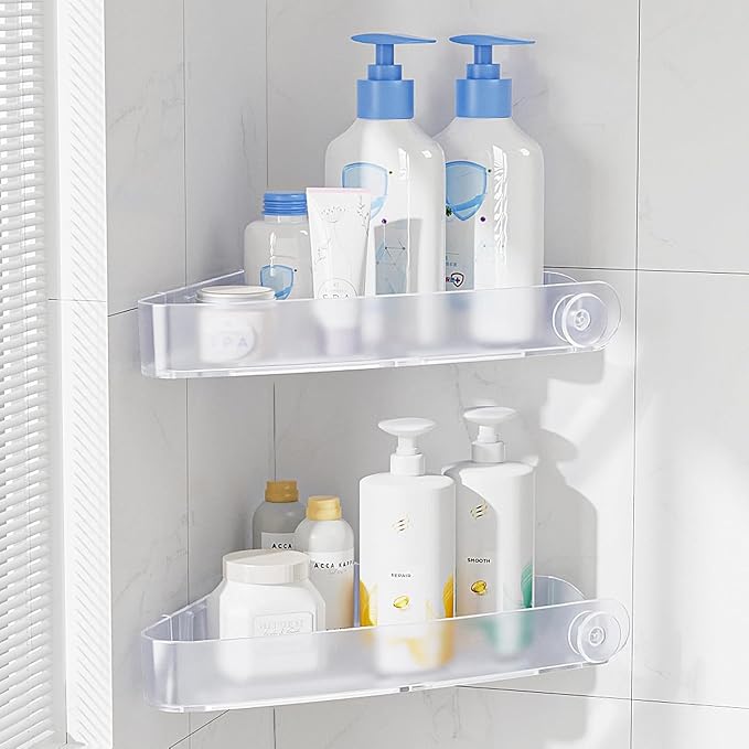 Sotfamily Plastic Shower Caddy Corner (for 90° Only), 2 Pack Adhesive Corner Shower Shelves for Bathroom Organizers and Storage, Frosted Clear by Sotfamily
