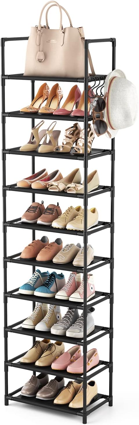 LANTEFUL 10 Tiers Tall Shoe Rack 20-25 Pairs Boots Organizer Storage Sturdy Narrow Shoe Shelf for Entryway, Closets with Hooks, Black by LANTEFULforTidyingHouse