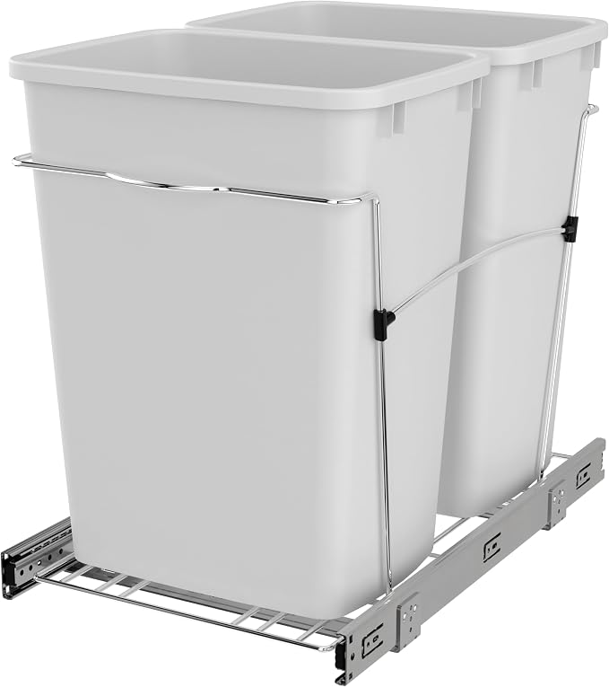 Rev-A-Shelf RV-18KD-11C S Double Pullout Trash Can for Kitchen Cabinets 35 Qt Garbage Recycling Bin on Full-Extension Slides, White by Rev-A-Shelf