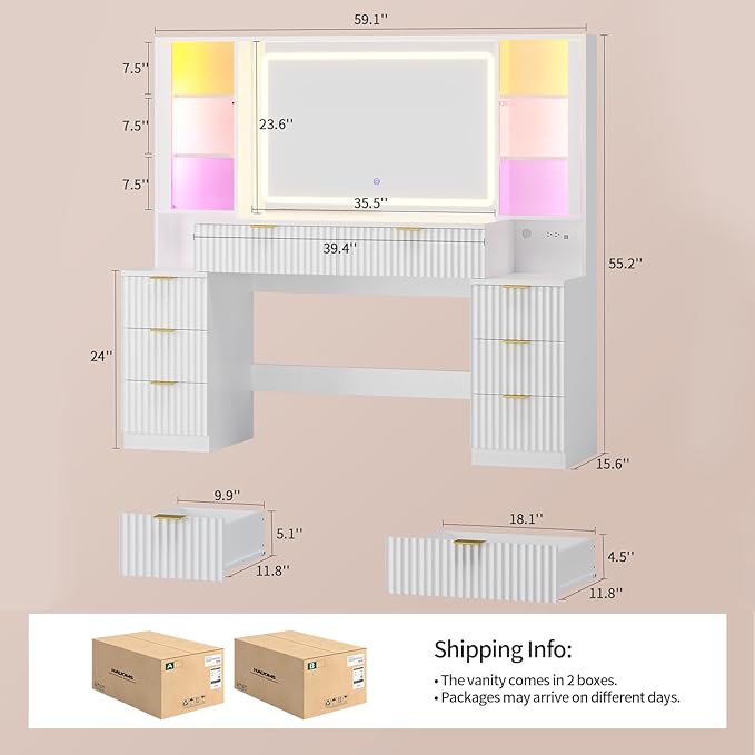 HAUOMS Big Vanity, Fluted Wood Makeup Vanity Desk with Mirror and Sound Sync LED Lights, Large Vanity Dressing Table, 8 Drawers, Charging Station for Girls, Women (White, 59.1" Width)