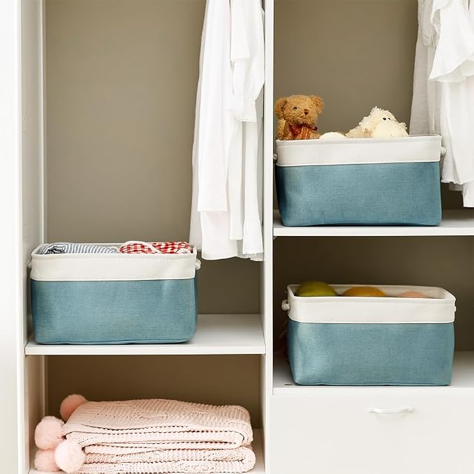 TheWarmHome Fabric Storage Bin with Handles,Storage Basket for Home Storage and Organization, Shelf Basket with Cover for Living Room Bedroom Closet（White & Green Large,15.7L*11.8W*8.3H - Image 3