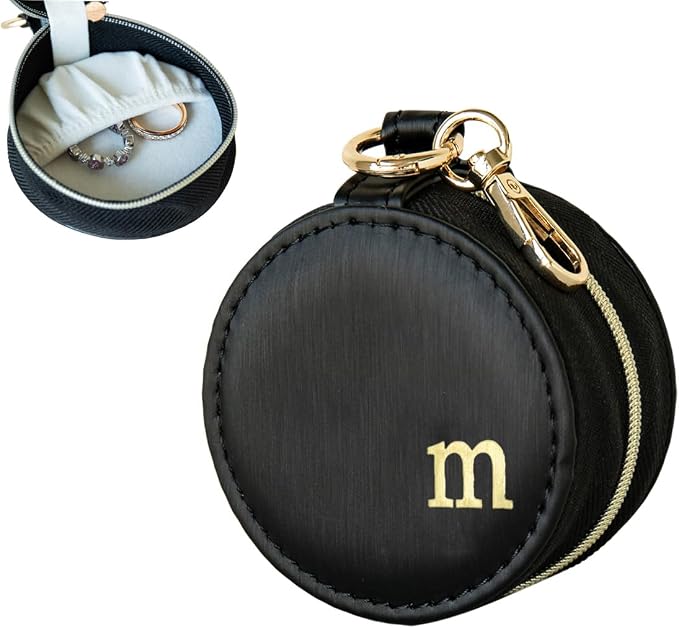 COLLECTIVE HOME - Monogrammed Letter Jewelry Case, Portable Travel Ring Holder Box with Keychain, Personalized Initial Organizer for Earrings Necklaces, Gift for Her (Black-m) by COLLECTIVEHOME