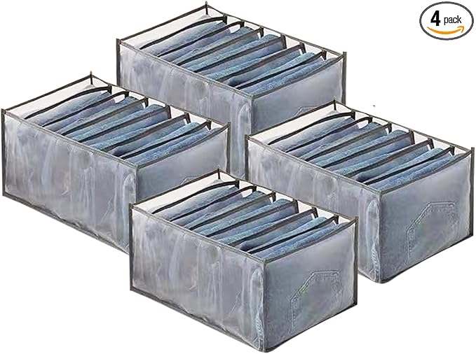 Wardrobe Clothes Organizer, 7 Grids Washable Portable Closet Organizer Mesh Separation Storage Box Foldable Closet Drawer Organizer for Underwear, Socks, Scarves, Jeans (Grey, 4 Jeans Grid) by SANTUKEY