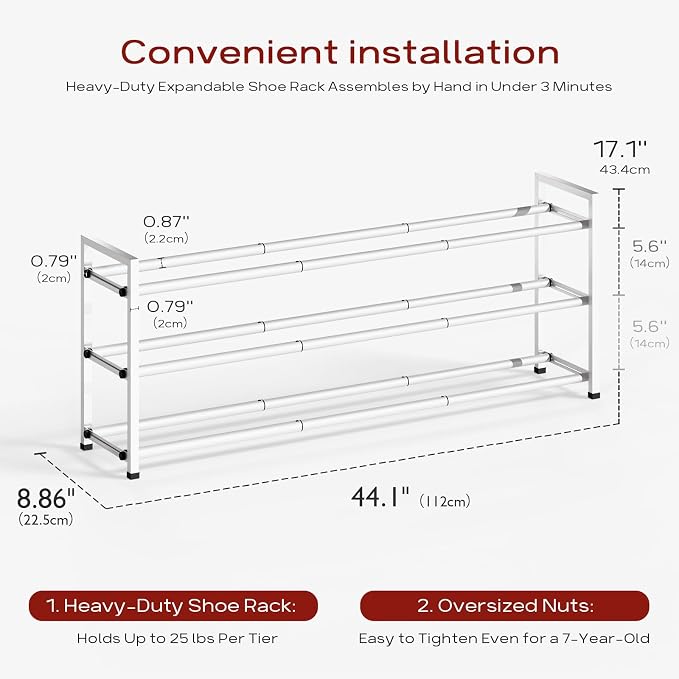 Bumusty 3-Tier Long Expandable Shoe Rack for Closet, 18"-44" Adjustable Shoe Rack for Entryway, 15-18 Pairs Large Shoe Organizer Shelf Storage, Sturdy Metal, White - Image 3