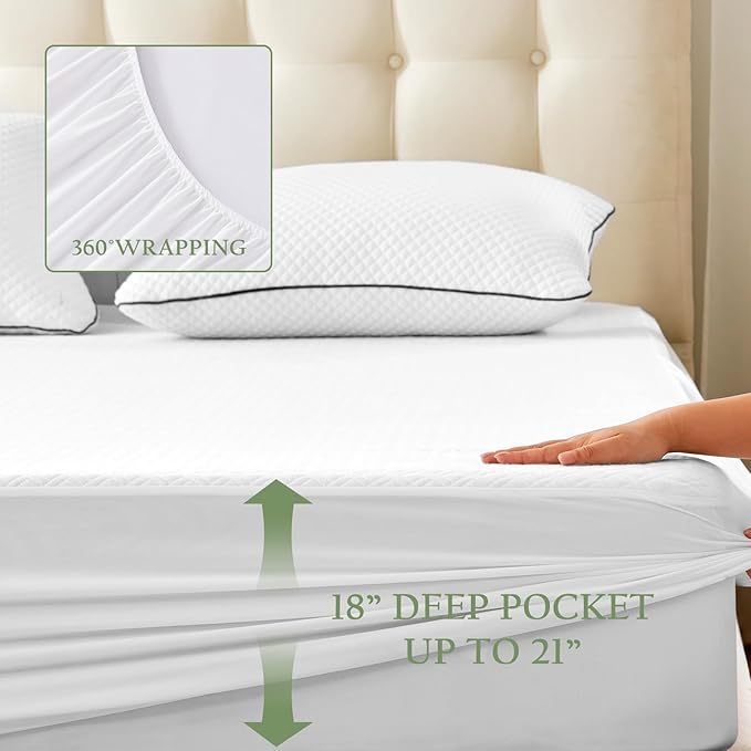 King Size Waterproof Mattress Protector Viscose Derived from Bamboo, Soft Mattress Cover Fitted with Deep Pocket 8"-21", Breathable Noiseless Mattress Pad, Machine Washable (White)