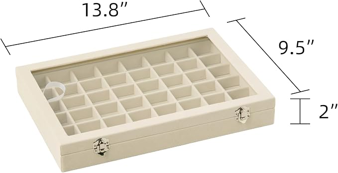 Frebeauty 48 Grid Jewelry Tray,Adjustable Earring Holder Organizer with Glass Lid,Velvet Drawer Jewelry Organizer for Rings,Studs,13.8 x 9.5 x 2 Inches Jewelry Display Box,Gift for Women(Beige) - Image 3