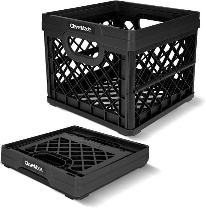 CleverMade Collapsible Milk Crate 25L (6.6 Gal), 50 lb Capacity Heavy Duty Folding Crate – Stackable Storage Crates with File Rails, Plastic Collapsible Crates - Obsidian by CleverMade