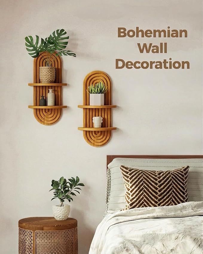 Bamworld Boho Wall Decor Brown Plant Wall Shelf, Mid Century Modern Decor Hanging Plant Shelf, 2-Tier Wooden Floating Shelves for Home, Bathroom Bedroom Living Room, Office Planter Decoration 2 pcs - Image 3