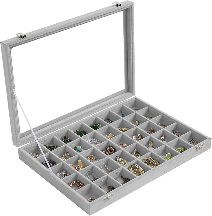 Stratalife Jewelry Organizer 40 Grid Jewelry Tray with Lid Dust-proof Velvet Earring Organizer Ring Holder Necklaces Earrings Storage Drawer Accessories Box for Women Gray by Stratalife