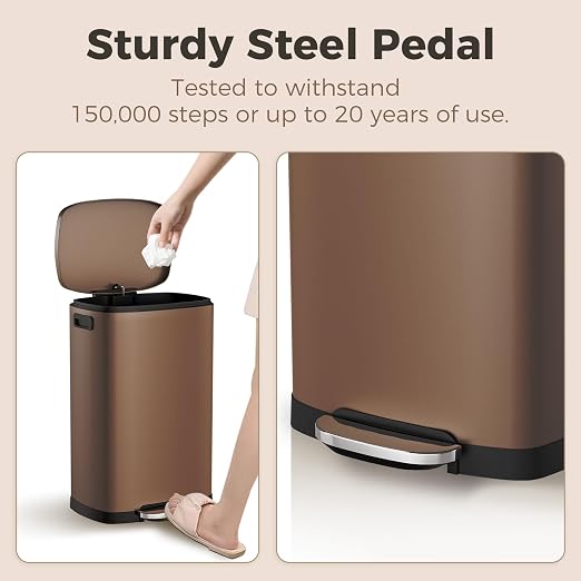 ELPHECO LPHECO Kitchen Trash Can with Lid Soft Close, 13 Gallon / 50L Stainless Steel Pedal Garbage Can, Heavy-Duty Step Wastebasket with 20 Bags, Removable Bucket, Home Office, Kitchen, Brown - Image 5
