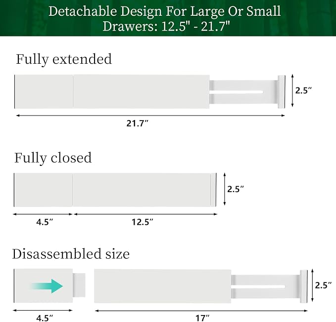 4 Pack Bamboo Drawer Dividers Organizer with Inserts 2.6'' High, Expandable from 12.5-21.7", Adjustable Drawer Organizer Separators for Utensils, Clothing, Office, Dresser, Bedroom, (White) - Image 8