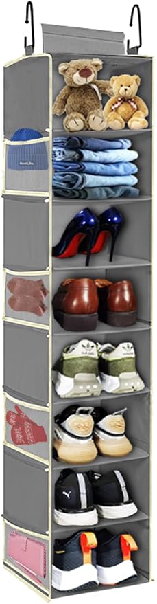 Large-Sized Hanging Shoe Organizer 8-Shelf, Hanging Closet Organizer with 8 Side Pockets, Wider Hanging Shelves for Storage Shoes Clothes 9" W × 11.8" D× 48" H, Grey by ROOMTALK