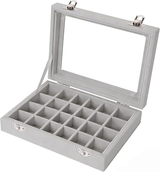 Velvet Jewelry Box 24 Grid Jewelry Earrings Display Organiser Box Ring Tray Holder Earrings Storage Case for Girls Women Wife Mom (Gray) - Image 4