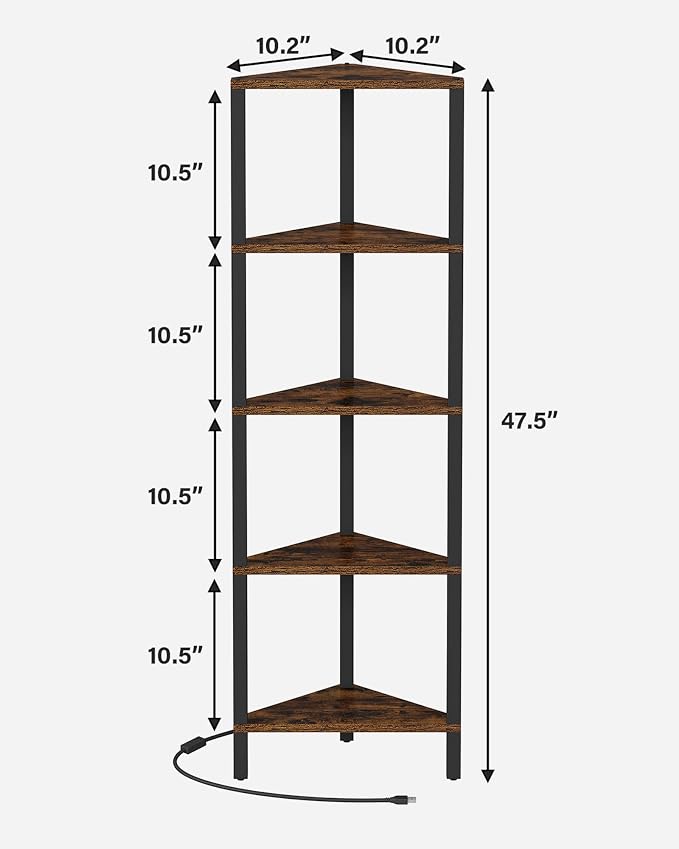 TUTOTAK Corner Shelf with LED Light, 5-Tier Corner Bookshelf for Small Space, Narrow Display Corner Shelf Stand with Storage Rack, for Living Room, Bedroom, Rustic Brown BS05BB005L - Image 2