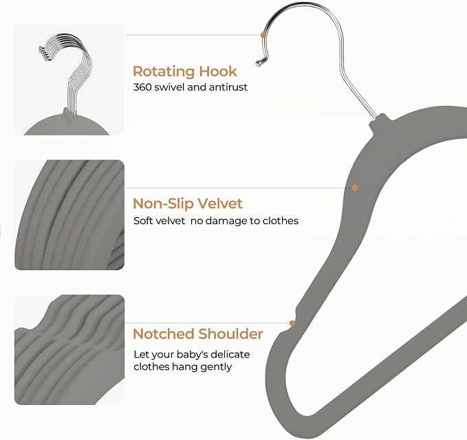 GoodtoU Velvet Baby Hangers Kid Hangers Clothing 11" Toddler Infant Hanger for Nursery 20 Pack - Drak Grey - Image 3