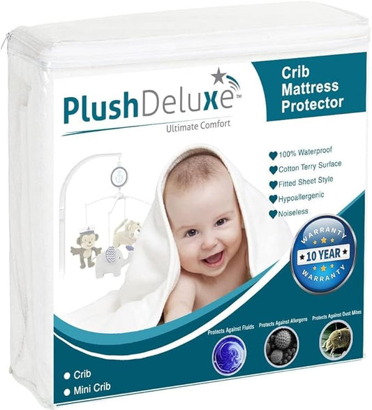 PlushDeluxe Crib Mattress Protector, Breathable Soft Terry Cotton Fitted Sheet Bed Cover with Deep Stretchable Pockets, 100% Waterproof, Noiseless, Hypoallergenic, Dust Mite Proof, 28"x52"x6"