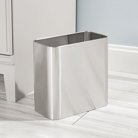 mDesign Small Metal 2.4 Gallon/9 Liter Trash Can Wastebasket Garbage Bin for Bathroom, Slim Rubbish Waste Bin Trashcans - Mirri Collection - Brushed Chrome - Image 3