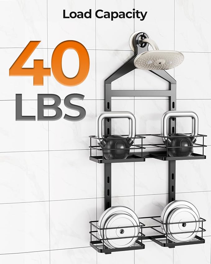 ODesign 2 Tier Height-Adjustable Shower Caddy Hanging Anti-Swing-Over The Shower Head Caddy Storage Organizer Bathroom Shelves Basket-Black - Image 9