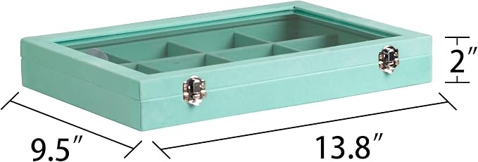 Frebeauty Velvet Jewelry Tray,12 Grid Jewelry Organizer with Clear Lid,Bracelets Holder,Jewelry Display Case with Clasp,Drawer Insert Bangle Brooch,13.8 x 9.5 x 2 Inches,Gift for Women Girl(Turquoise) - Image 3