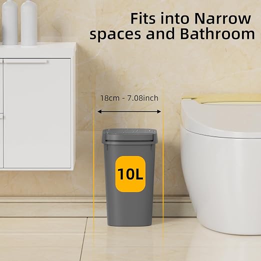 KSSKSS 3 Pack Bathroom Small Trash Can with Lid, 2.6 Gallon Slim Garbage Bin with Pop-Up Lid, 10L Plastic Wastebasket for Bedroom, Office, Kitchen, Toilet (Gray) - Image 3