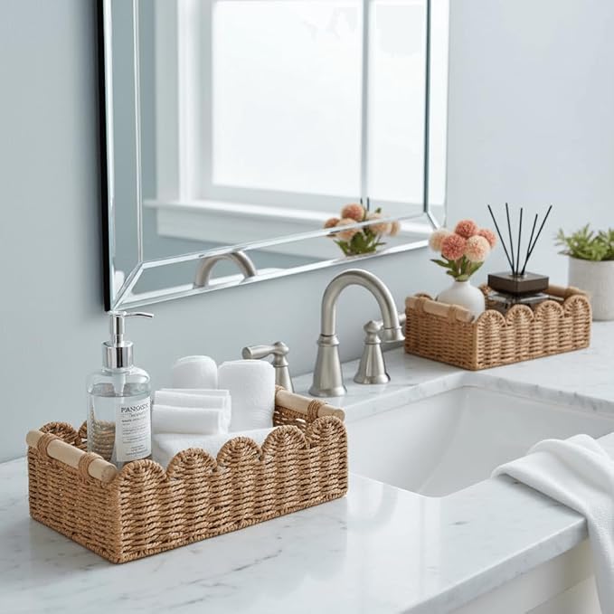 CubesLand Toilet Paper Storage Organizer Basket, Scalloped Decorative Baskets for Over Toilet Shelves, Wicker Small Basket Perfect for Home Countertop Storage & Decor, Living Room Shelf Decor, Neutral - Image 4
