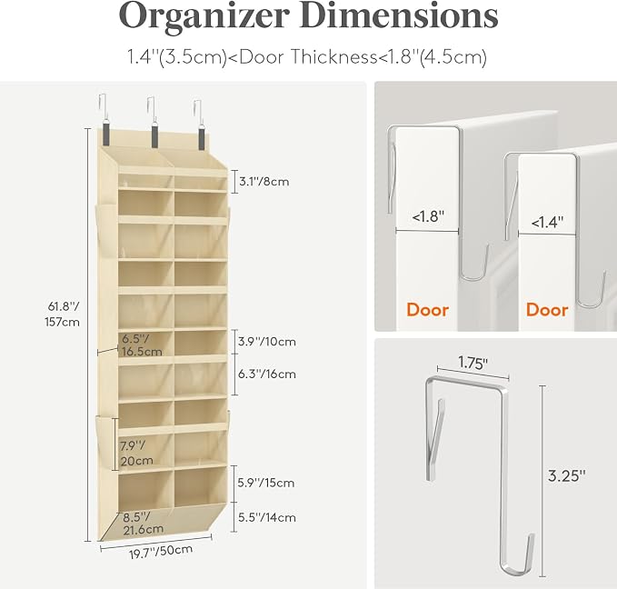 Lifewit 1 Pack Over the Door Organizer, 12 Section Clear Window Hanging Storage with 4 Side Pockets, Sturdy Anti Tilt 40 lbs Load Behind Door for Closet, Bedroom, Bathroom, Nursery, Dorm, Beige - Image 2