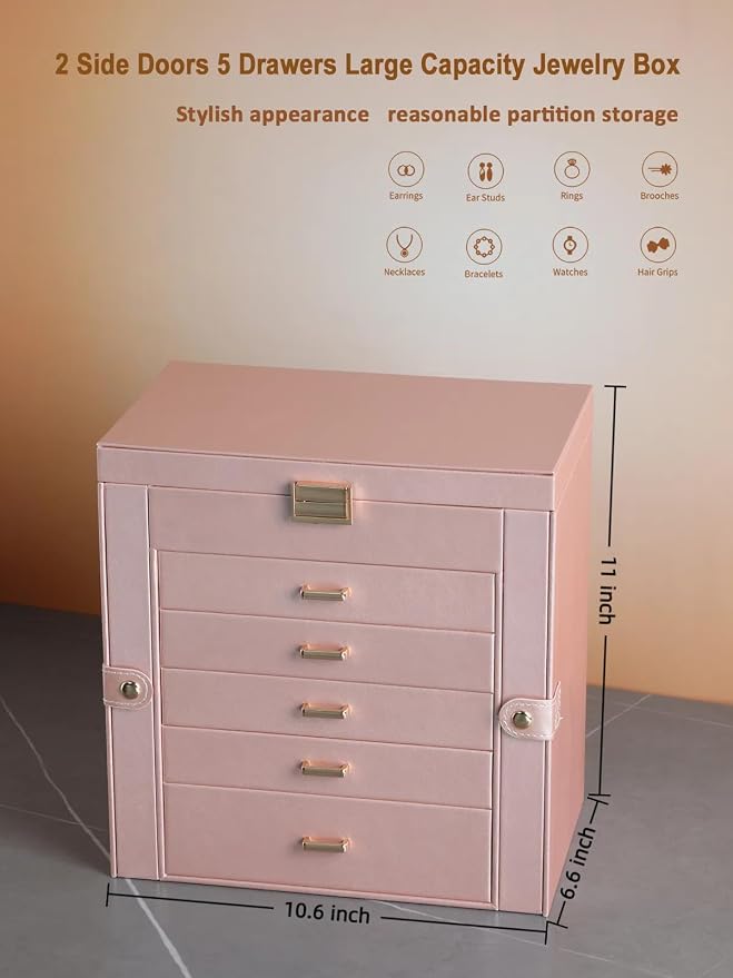 BOOVO Jewelry Box For women, 6 Layer Large Jewelry Organizer With Mirror, Multi-Function Storage Box With Lock, Necklace Holder With 5 Drawers, For Earrings Necklace Bracelet (Rose Gold and Gold) - Image 6
