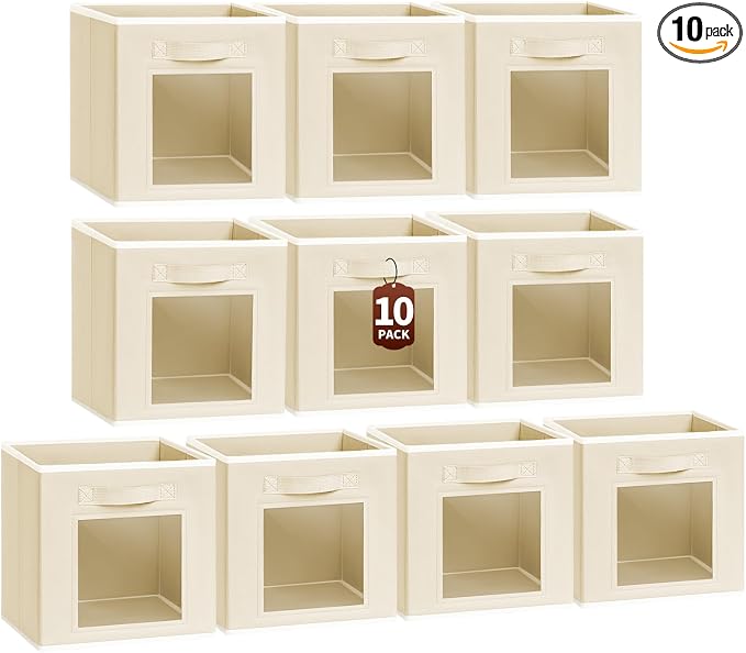 Homsorout Foldable Storage Cubes - Cubby Storage Organizer with Window, Decorative Baskets for Organizing, 11 Inch Fabric Cube Shelf Bins, Set of 10, Beige by Homsorout