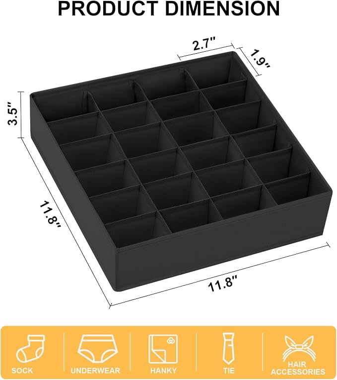 Joyoldelf Sock Drawer Organizer Divider 2 Packs Underwear Organizer, 24 Cell Collapsible Closet Cabinet Organizer Underwear Storage Boxes for Storing Socks, Handkerchiefs, Ties, Belts (Black) - Image 2