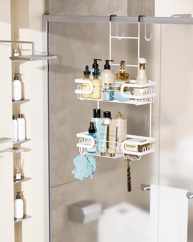 HapiRm Shower Caddy Over Door- Hanging Shower Organizer with 14 Hooks and Soap Holder, Rustproof & Waterproof Stainless Steel Bathroom Shelf - White - Image 7