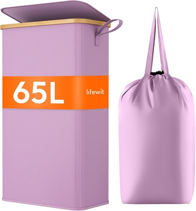 Lifewit 65L Slim Laundry Hamper with Lid, Narrow Laundry Basket with Removable Bag & Bamboo Handles, Fodable Thin Dirty Clothes Hamper for Laundry Collapsible Bin for Bathroom Bedroom Dorm, Purple by Lifewit