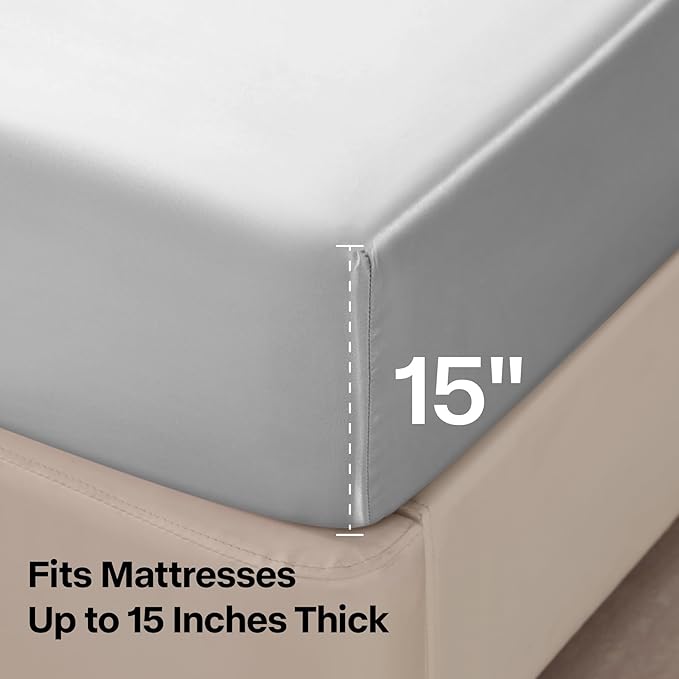 BEDELITE Satin Sheets Full Size Bed Set, Luxury Soft Grey Silky Sheets for Hair and Skin, Similar to Silk Bed Sheets Set 4 Pieces with 1 Deep Pocket Fitted Sheet, 1 Flat Sheet, and 2 Pillowcases