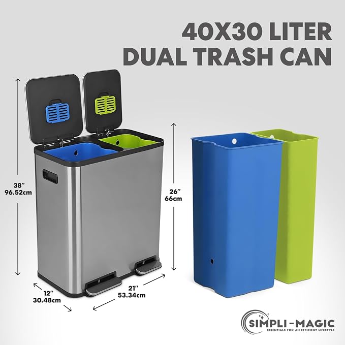 Simpli-Magic 18.5 Gallon (40L x 30L) Dual Compartment Step Trash Can – Kitchen Garbage Can with Waste & Recycling Bins – Slow-Close Lid, Odor Control, Hands-Free, Stainless Steel - Image 3