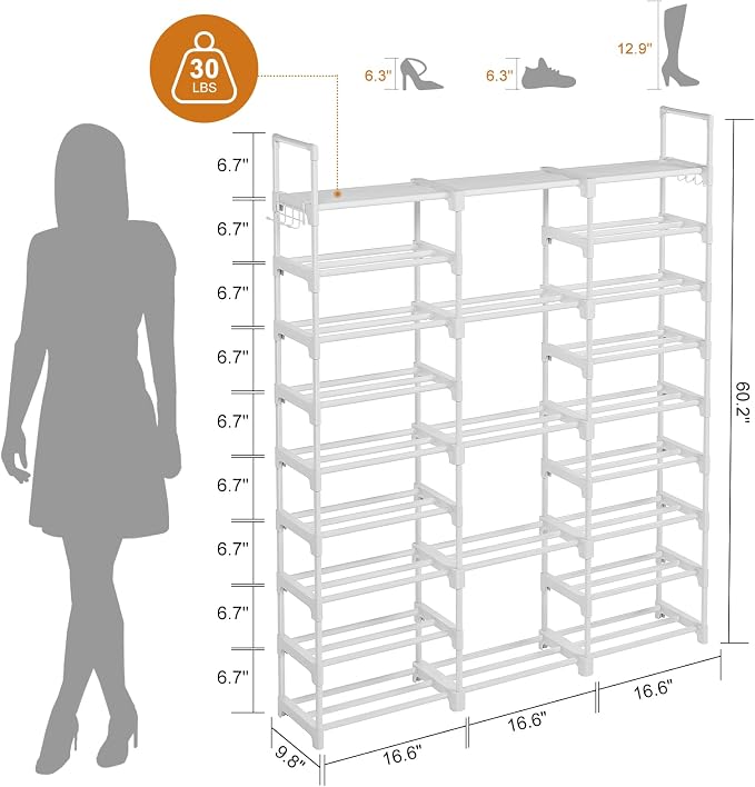 WOWLIVE 9 Tiers Large Shoe Rack White Shoe Rack Organizer for Closet 50-55 Pairs Stackable Heavy Duty Shoe Shelf Shoe Storage with Metal Pipes Plastic Connectors - Image 3